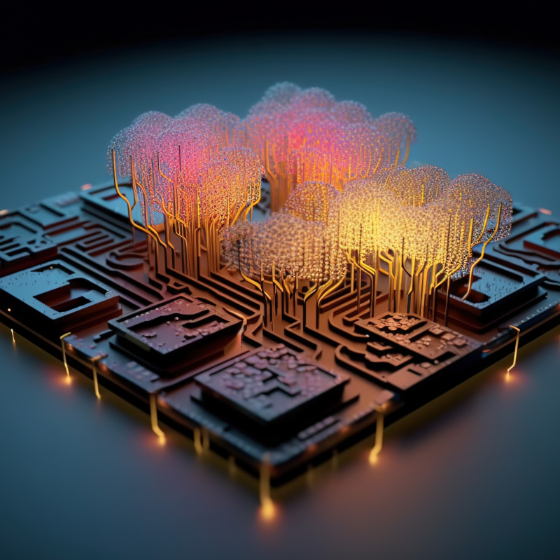Abstract computer chip with tree-like circuits growing out of it.