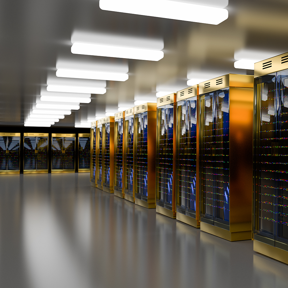 his image depicts a modern data center featuring rows of server racks with metallic gold-colored frames.