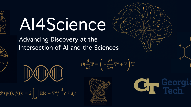Text "AI4Science Advancing Discovery at the Intersection of AI and the Sciences" with formulas and GT Logo
