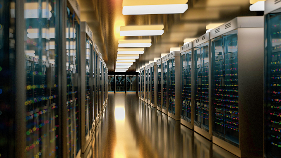 Modern data center server room, often used for high-performance computing and AI applications.