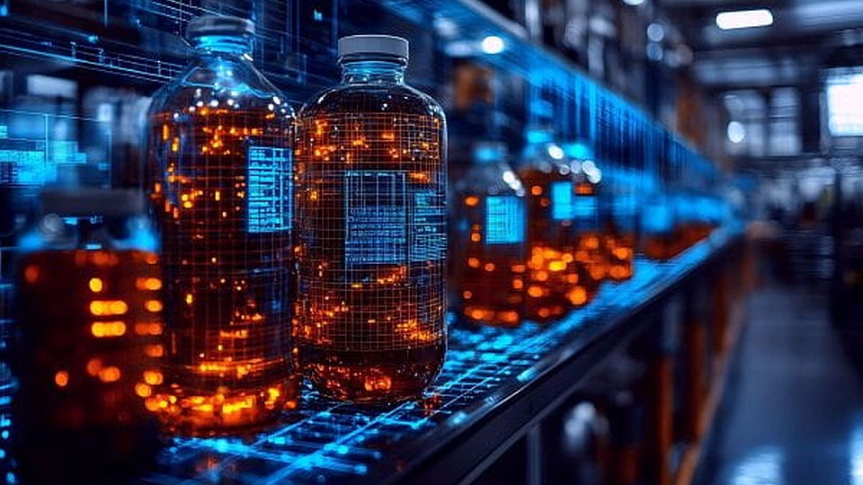 AI Generated scene represents a high-tech lab setting with pharmaceutical bottles on shelves and a digital holographic overlay. 