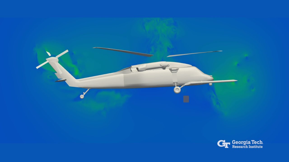 Computer model of helicopter showing air movement