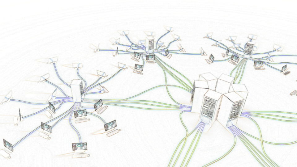 Servers and laptop computers with networking connecting them