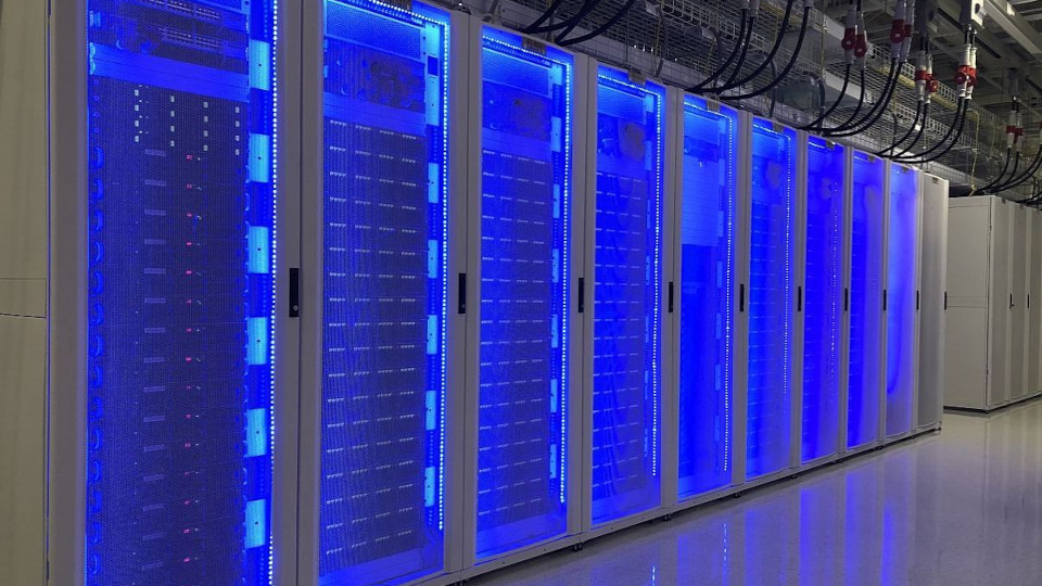 Row of computer servers with blue accent lighting
