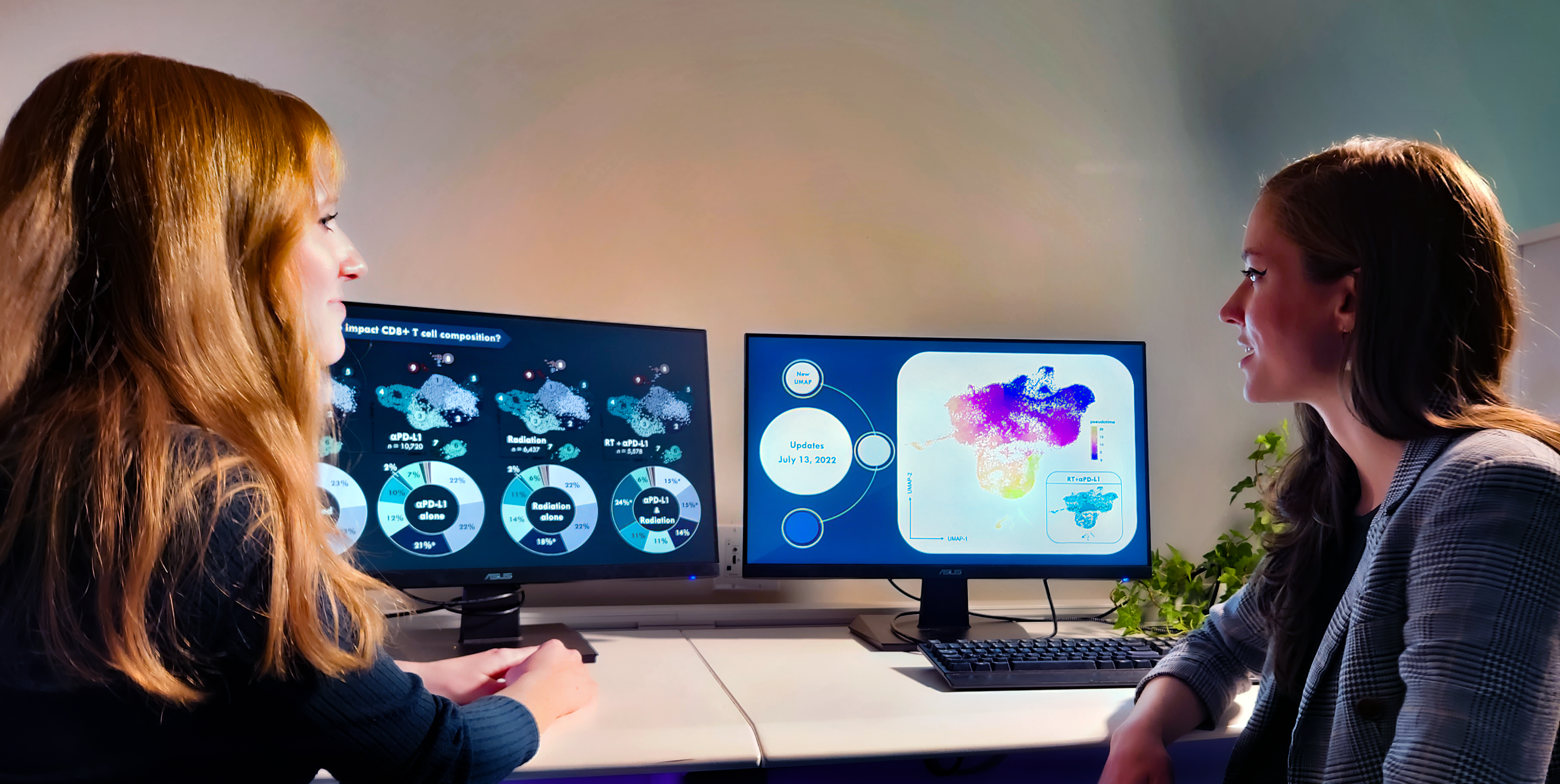 Two people discussing in front of two computer monitors