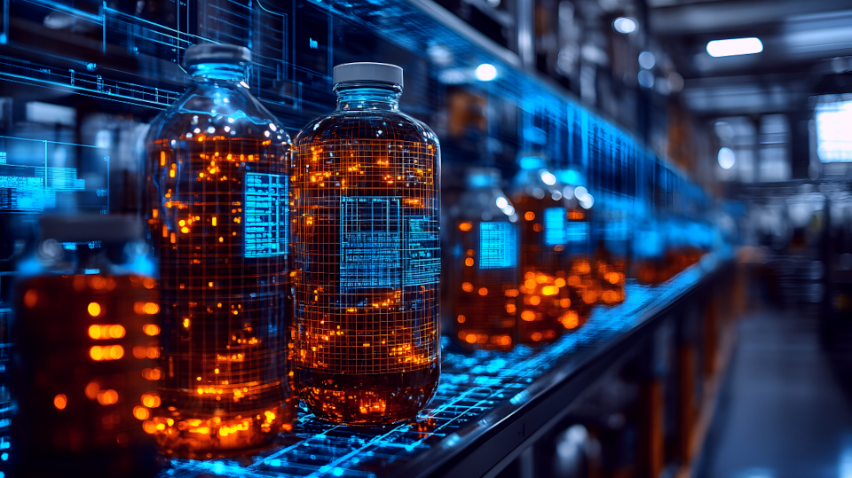 Sample bottles with text-based user interface superimposed
