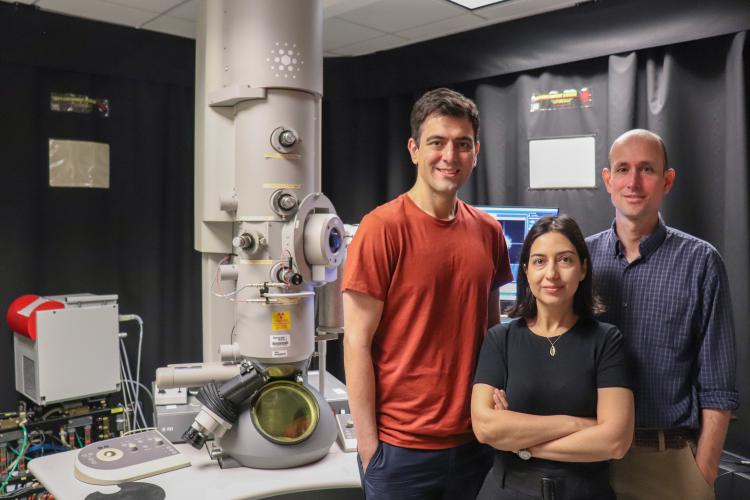Vida Jamali, assistant professor the School of Chemical and Biomolecular Engineering; Amirali Aghazadeh, assistant professor in the School of Electrical and Computer Engineering; and Josh Kacher, associate professor in the School of Materials Science and Engineering.  Photo courtesy of Amelia Neumeister; Georgia Institute of Technology