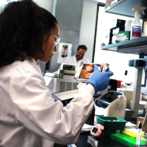 Researcher in a lab holding a foil package