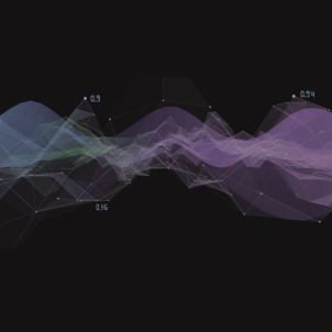 Abstract 3D data visualization with flowing blue, green, and purple waves on a dark background